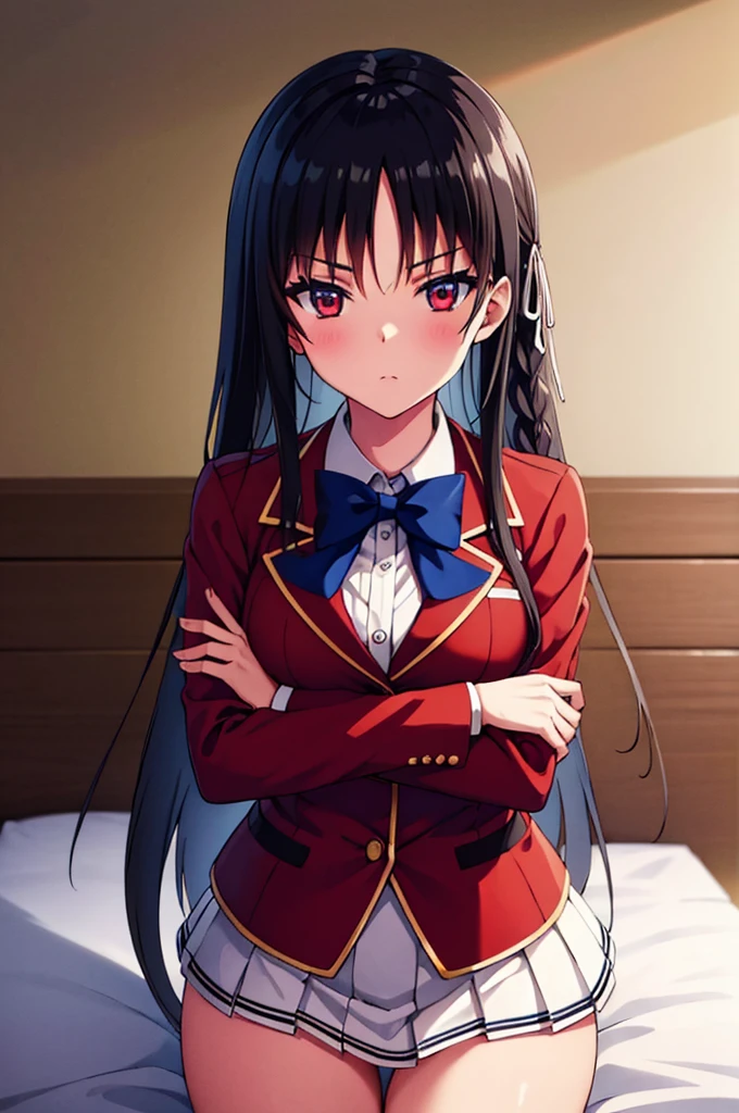 (masterpiece:1.3), (best quality:1.1), (8k, ultra detailed, ultra high res:1.2), ((anime style)), perfect 5 fingers, perfect anatomy, 1girl, 
BREAK long hair, braid, black hair, red eyes, (focus detailed eyes:1.2), blue bow, BREAK [medium breasts], red jacket, long sleeves, white skirt, pleated skirt, black thigh-high socks, looking at viewer, cowboy shot, BREAK booty pose, (on the bed:1.5), indoor, 