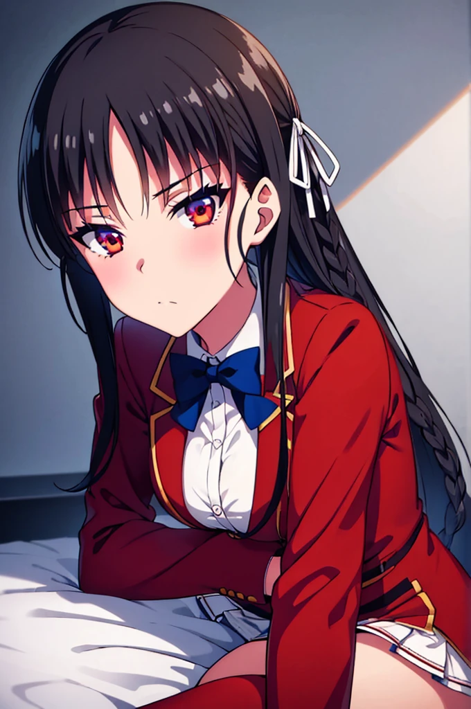 (masterpiece:1.3), (best quality:1.1), (8k, ultra detailed, ultra high res:1.2), ((anime style)), perfect 5 fingers, perfect anatomy, 1girl, 
BREAK long hair, braid, black hair, red eyes, (focus detailed eyes:1.2), blue bow, BREAK [medium breasts], red jacket, long sleeves, white skirt, pleated skirt, black thigh-high socks, looking at viewer, cowboy shot, BREAK booty pose, (on the bed:1.5), indoor, 