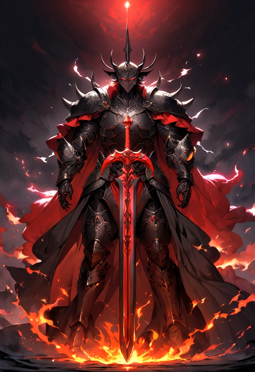 the darkness of the world with the figure of a demon king as the ruler, holding a large fiery red sword, standing bravely and dignified, calm and handsome face, black steel armor with various ancient and mysterious plates, bright red eyes with the aura of burning fire, aura covered in red and black which symbolizes the great power of the devil, depicts a detailed face, detailed hands, detailed legs, detailed sword, high quality, very detailed,