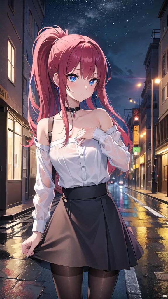 Masterpiece, top quality, best quality, official art, beautiful and aesthetic, anime, 1girl,extremely detailed, colorful, more detailed ((ultra-detailed)), (highly detailed CG illustration),Best Quality, High resolution, Unity 8k Wallpaper, (Illustration:0.8), (Beautiful detailed eyes:1.6), extra detailed face, Perfect Lighting, extremely details CG, (Perfect hands, Perfect Anatomy),city,street,night,wet road,reflections,lights,red long hair, cat ears,ponytail,blue eyes, barrette,black choker,earrings,skinny fit,medium breast,shoulders, small ass,white shirt,wet shirt,high-waist skirt, pantyhose,upskirt,panties, looking in camera,