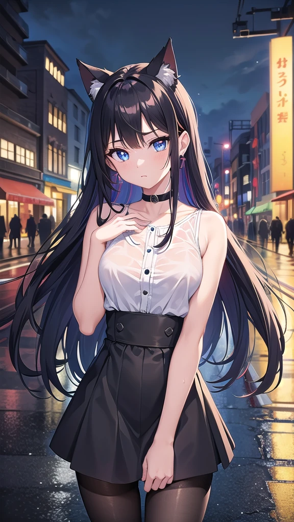 最high quality、Best image quality、masterpiece、With a girl((cute、、Best Bust、Medium Bust、Beautiful Blue Eyes、Spread your chest wide,Black Hair、Disheveled Hair、thin、Highest Valley、Black Dresy whole body is wet、Lying on your back)）high quality、Beautiful art、background((night、heavy rain、City、Lightning strikes、In front of the hotel)),Tabletop、Exquisite design、Visual Arts、Written boundary depth、Best lighting、Highest detail、8ｋ