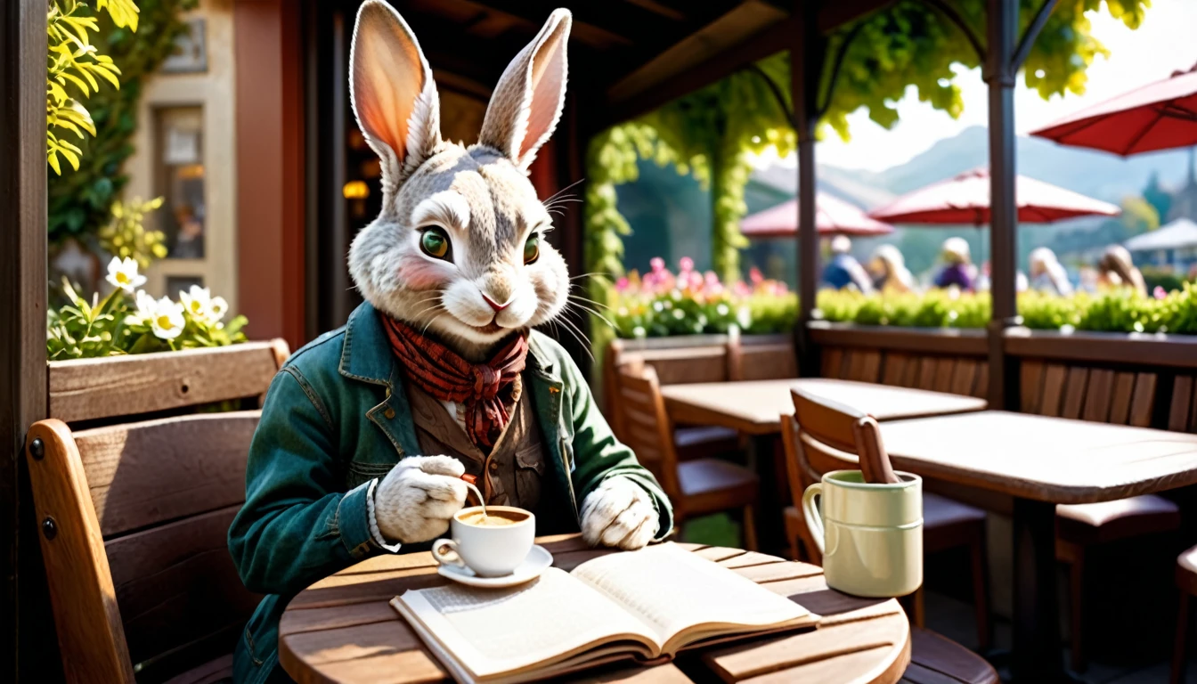 (photo film style), anthropomorphic, cute little rabbit, drinking hot coffee, cafe terrace, green garden, smiling, reading a book, wearing casual clothes, 2D, colorful, warm atmosphere, shiny, Jean-Baptiste Monge style, Alan Lee style