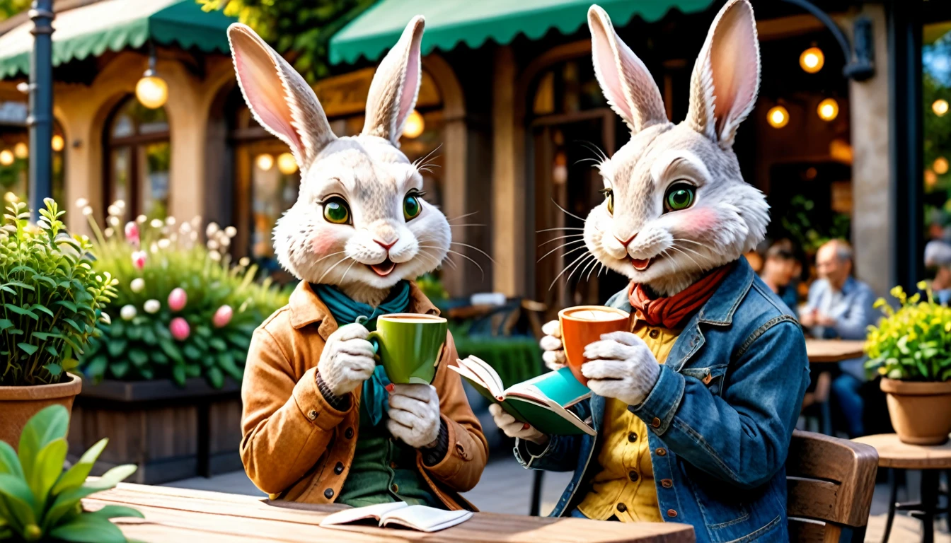 (photo film style), anthropomorphic, cute little rabbit, drinking hot coffee, cafe terrace, green garden, smiling, reading a book, wearing casual clothes, 2D, colorful, warm atmosphere, shiny, Jean-Baptiste Monge style, Alan Lee style