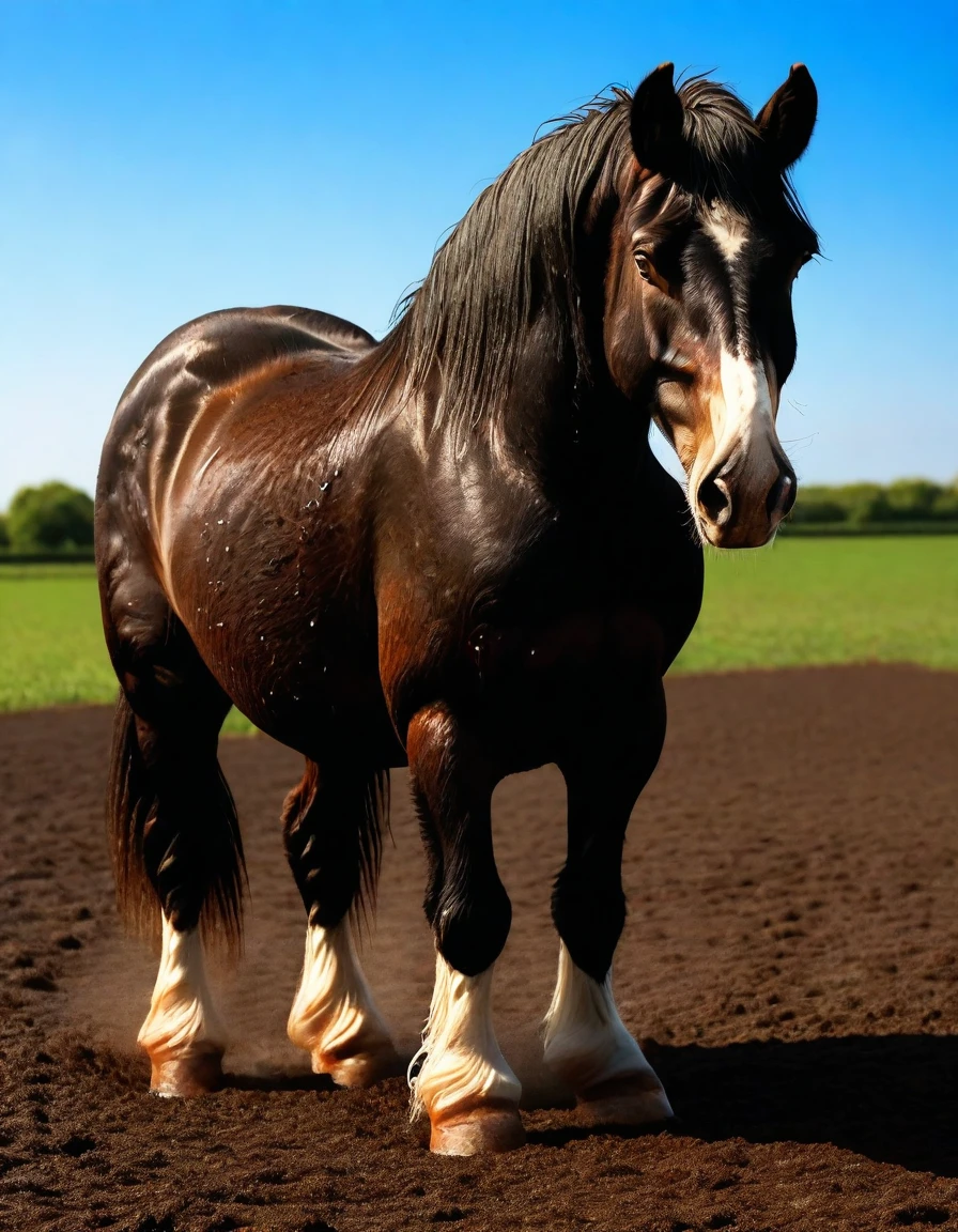 full rear(100) view of large fat wide hairy Shire horse stallion with lumps of horse dung pouring out of the centre of a big bum and sliding down legs. facing away from view point - towards horizon. wide open rectum and anus in full view full of horse dung. tail to left side. ((masterpiece)), ((best quality)), ((highres)), ((extremely detailed)), ((close  shot, back view)), (super realistic) . anatomically correct. horse surrounded by lumps of steaming dung. open field. bright sunny sky