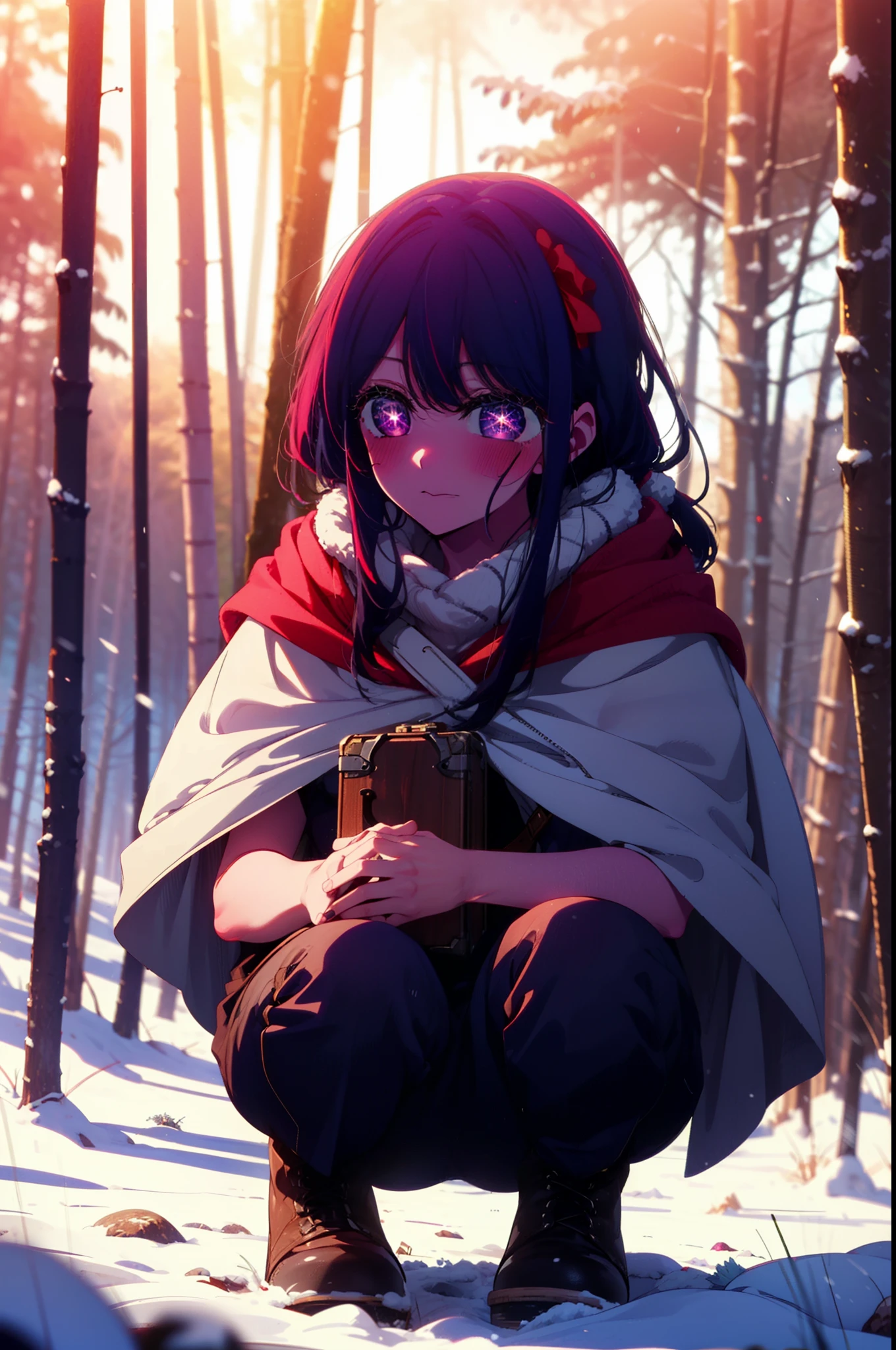 aihoshino, Ai Hoshino, Long Hair, bangs, (Purple eyes:1.1), Purple Hair, (Symbol-shaped pupil:1.5), smile,,smile,blush,White Breath,
Open your mouth,snow,Ground bonfire, Outdoor, boots, snowing, From the side, wood, suitcase, Cape, Blurred, , forest, White handbag, nature,  Squat, Mouth closed, Cape, winter, Written boundary depth, Black shoes, red Cape break looking at viewer, Upper Body, whole body, break Outdoor, forest, nature, break (masterpiece:1.2), Highest quality, High resolution, unity 8k wallpaper, (shape:0.8), (Beautiful and beautiful eyes:1.6), Highly detailed face, Perfect lighting, Highly detailed CG, (Perfect hands, Perfect Anatomy),