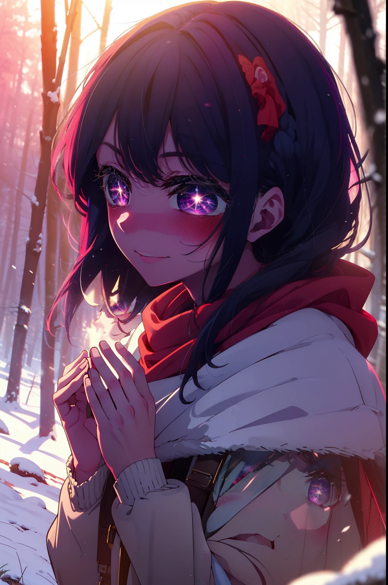 aihoshino, Ai Hoshino, Long Hair, bangs, (Purple eyes:1.1), Purple Hair, (Symbol-shaped pupil:1.5), smile,,smile,blush,White Breath,
Open your mouth,snow,Ground bonfire, Outdoor, boots, snowing, From the side, wood, suitcase, Cape, Blurred, , forest, White handbag, nature,  Squat, Mouth closed, Cape, winter, Written boundary depth, Black shoes, red Cape break looking at viewer, Upper Body, whole body, break Outdoor, forest, nature, break (masterpiece:1.2), Highest quality, High resolution, unity 8k wallpaper, (shape:0.8), (Beautiful and beautiful eyes:1.6), Highly detailed face, Perfect lighting, Highly detailed CG, (Perfect hands, Perfect Anatomy),