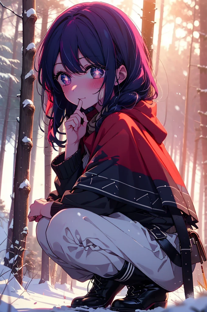 aihoshino, Ai Hoshino, Long Hair, bangs, (Purple eyes:1.1), Purple Hair, (Symbol-shaped pupil:1.5), smile,,smile,blush,White Breath,
Open your mouth,snow,Ground bonfire, Outdoor, boots, snowing, From the side, wood, suitcase, Cape, Blurred, , forest, White handbag, nature, Squat, Mouth closed, Cape, winter, Written boundary depth, Black shoes, red Cape break looking at viewer, Upper Body, whole body, break Outdoor, forest, nature, break (masterpiece:1.2), Highest quality, High resolution, unity 8k wallpaper, (shape:0.8), (Beautiful and beautiful eyes:1.6), Highly detailed face, Perfect lighting, Highly detailed CG, (Perfect hands, Perfect Anatomy),