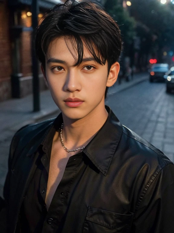 ,tmasterpiece,Ultra-high resolution,(Reality:1.4),RAW photos,Bust photo,1 boy,In the darkness of the night,Depth shadows,low pitch,cold light,Incredibly handsome,the detail,18yr old,Emotionally rich,The face is clear,black shirt,facelight,rays of sunshine,street in the afternoon,Colored bubbles