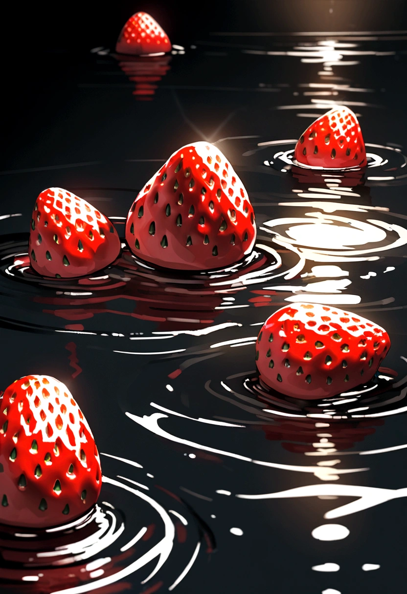Cinematic RAW Photos，Ultra-realistic photos，Ultra-realistic photos，Digital SLR，Soft lighting，Product photo of five strawberries falling into water、Dripping、Splashing clear liquid、Water flower，Dynamic Composition Star Part) (Highest quality) (be familiar with) (Cinema Lighting) (Sharp focus) (Complex), Master Parts, Highest quality, Ultra-high resolution, 8K Ultra HD