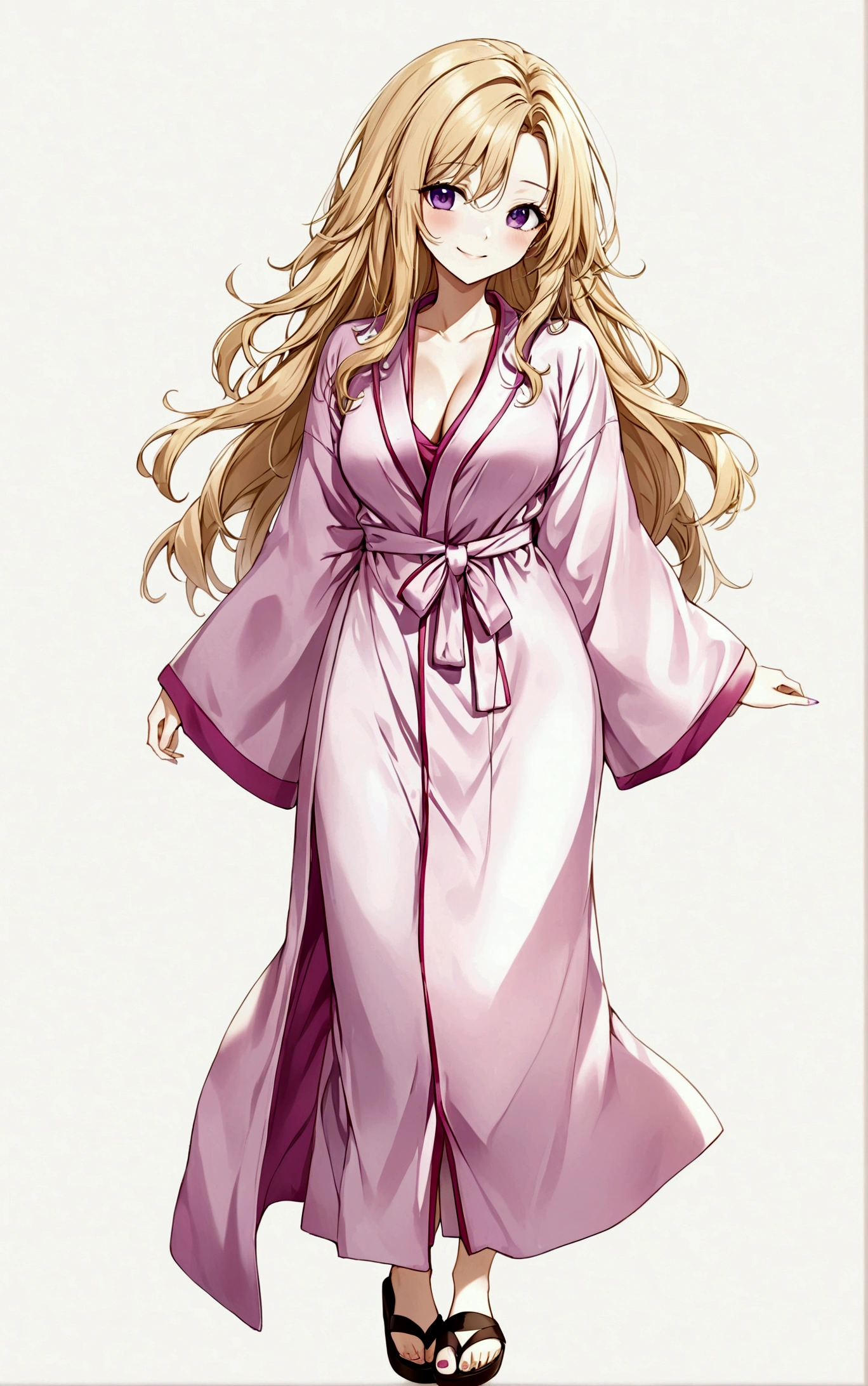 1girl,独奏,Long hair,Chest,Smile,blond,大Chest,Simple background,White background,Cleavage,Purple Eyes,whole body,Bathrobe,sandals,粉色Bathrobe