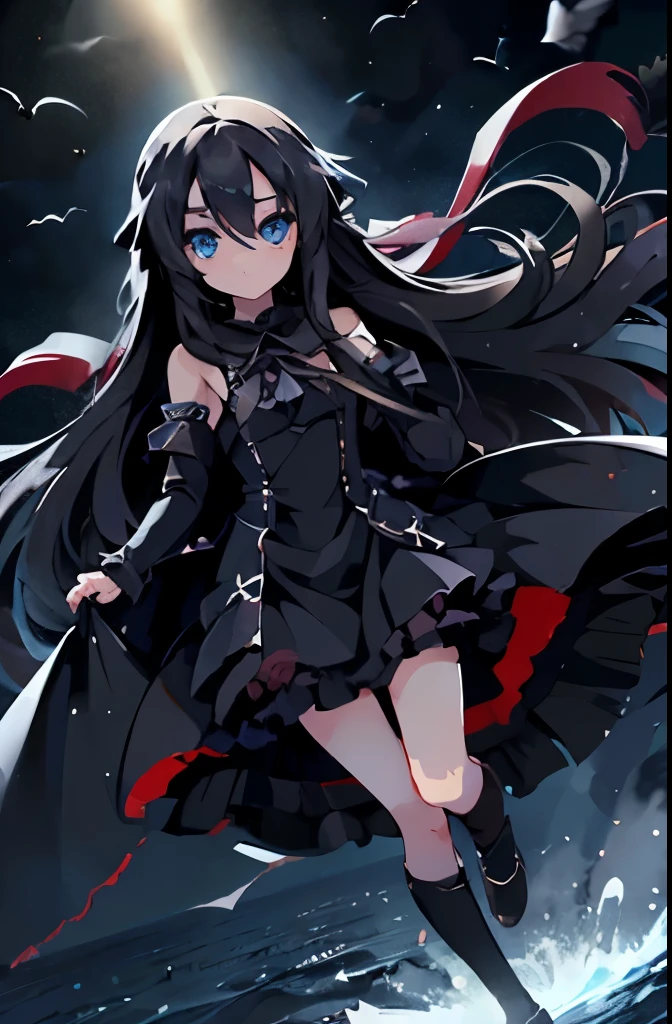 full body, little, lady with black long hair, blue eyes, black dress, scary, flying above night sea, overlook here