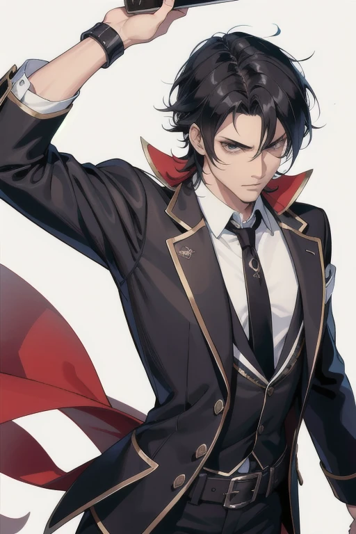 Bblack hair, fully body, barbicha, pirate, suit, serious, chef, bangss. 