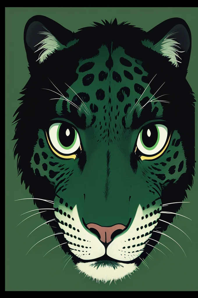 A jaguar face framed with a dark green banner and light green background, style cartoon.
