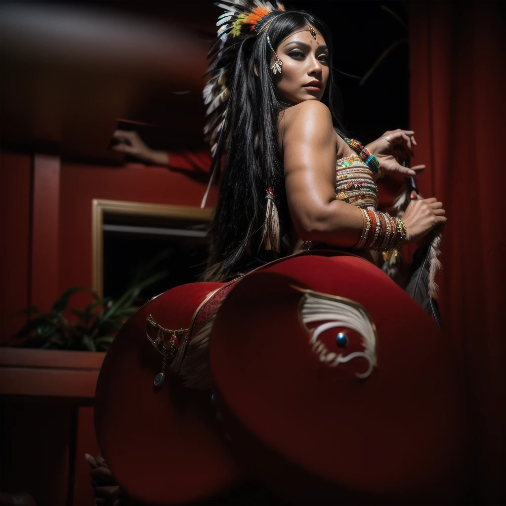 Beautiful Cherokee Indian woman with beautiful terracotta colored headdresses, blackw, doradas, cobre, Pearl, white and beige, feathers made of bright neon of various colors, flares on camera, bokeh, full moon night