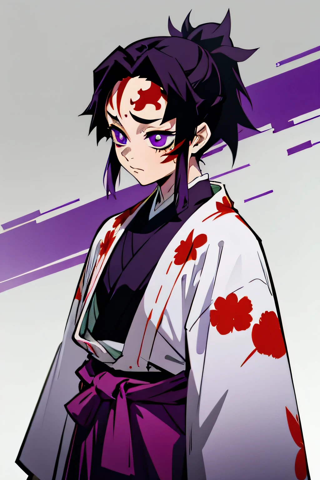 Imagine a demon slayer with bright purple hakama, reddish samurai ponytail and a slayer mark on forehead 