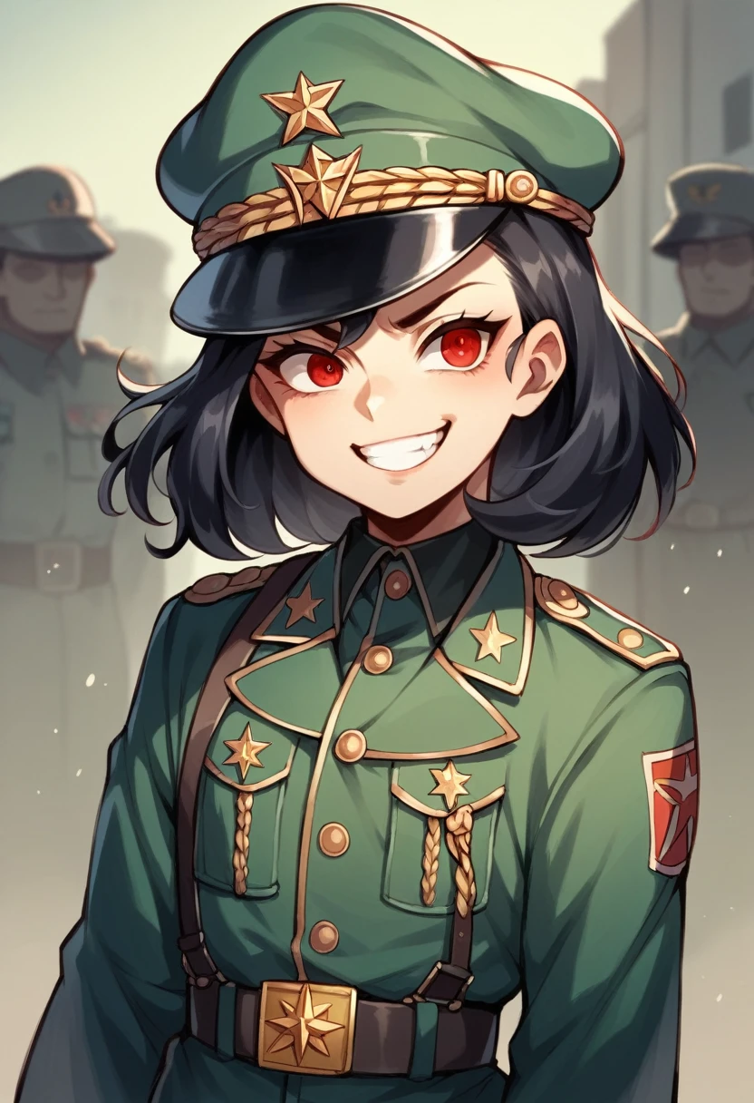 Ridiculous resolution, high resolution, very detailed, In World War II military uniform, battlefield, ,black german soldier uniform, young face, sly expression, evil smile, black hair, red eyes, femboy, cartoon, Anime,