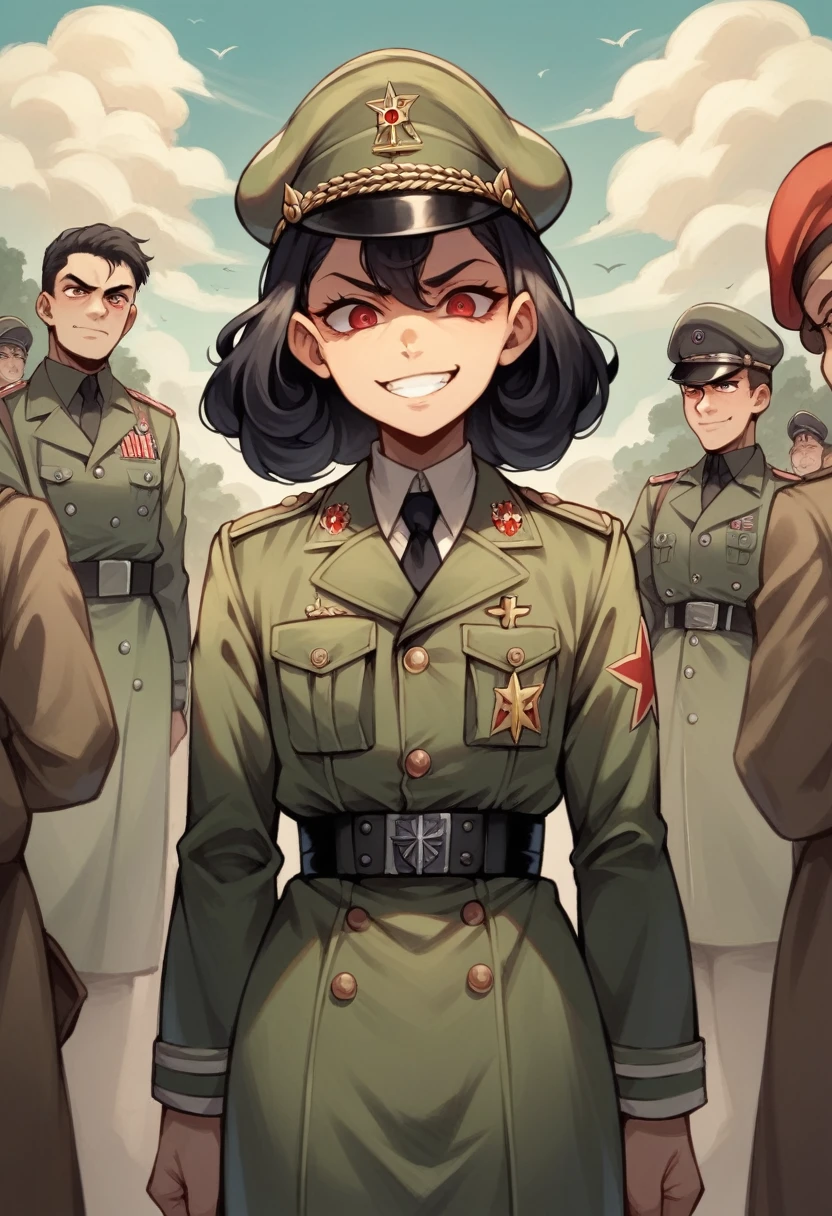 Ridiculous resolution, high resolution, very detailed, In World War II military uniform, battlefield, ,black german soldier uniform, young face, sly expression, evil smile, black hair, red eyes, femboy, cartoon, Anime,