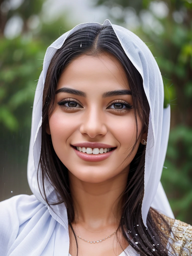 Create a photo-realistic masterpiece of a 25-year-old Arabic woman with a charming smile, detailed facial features, and perfectly rendered raindrops in the background.