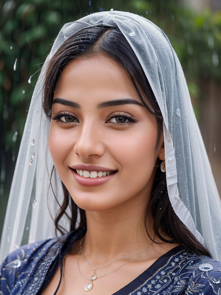 Create a photo-realistic masterpiece of a 25-year-old Arabic woman with a charming smile, detailed facial features, and perfectly rendered raindrops in the background.
