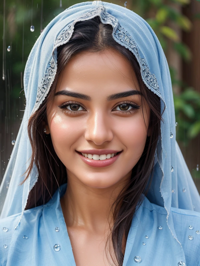 Create a photo-realistic masterpiece of a 25-year-old Arabic woman with a charming smile, detailed facial features, and perfectly rendered raindrops in the background.