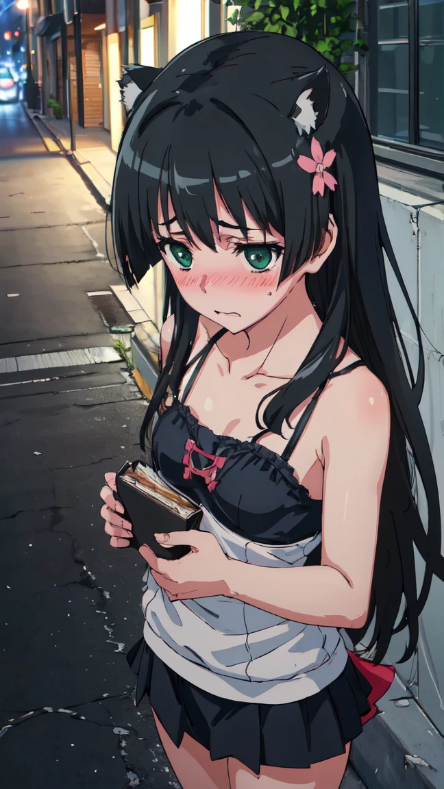  (High resolution:1.4), (masutepiece:1.2), (High quality:1.3) 1girl, saten ruiko, green eyes, long hair, black hair, small breast, blush, dangerousbeast, wolf tail, (blush, shy:1.2), from above, in street,, cinematic lighting,  