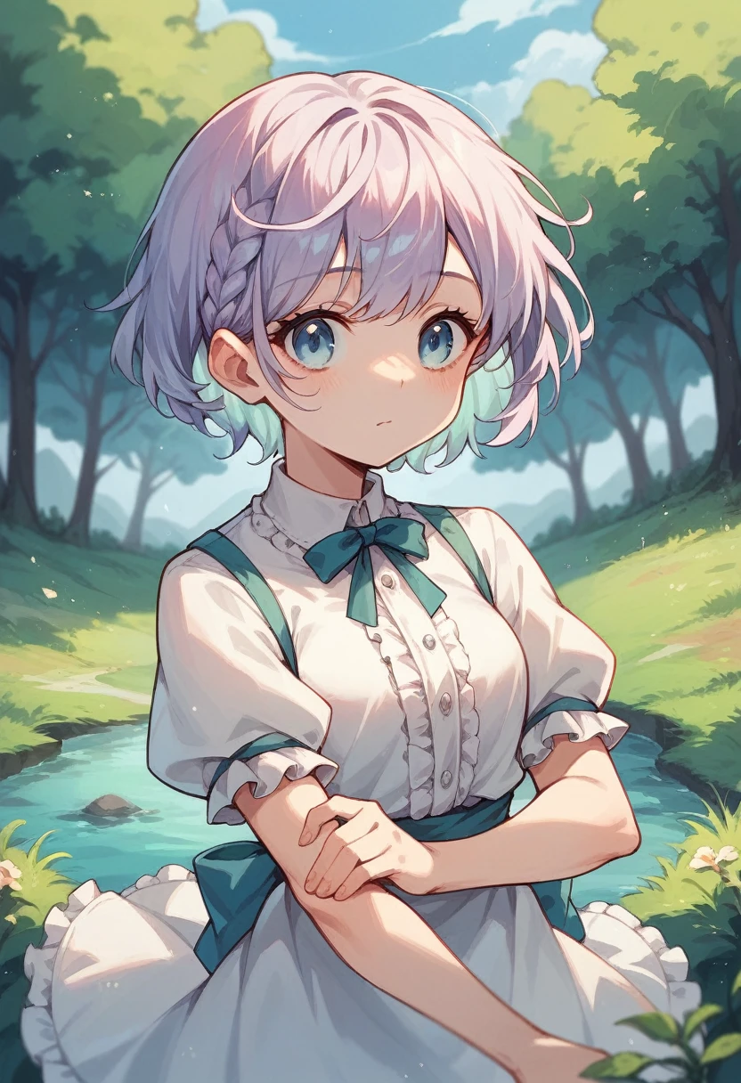 A delicate and beautiful anime girl with light blue eyes and long light lilac hair in a landscape with a very cute anime girl with short hair who are sisters (artwork) anime