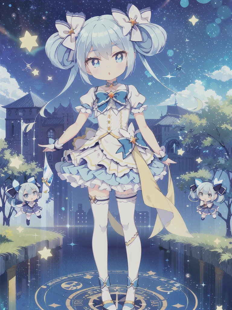 Masterpiece,high quality,high resolution,Detailed Background,Glassy, clear eyes,Lens flare,Blue Hair, Twin tails, Hair between the eyes, 紫のhair bow, eyebrows visible through hair,Magical Girl Clothes,1girl,Floating in the sky,grassland,Are standing,whole body,magic circle