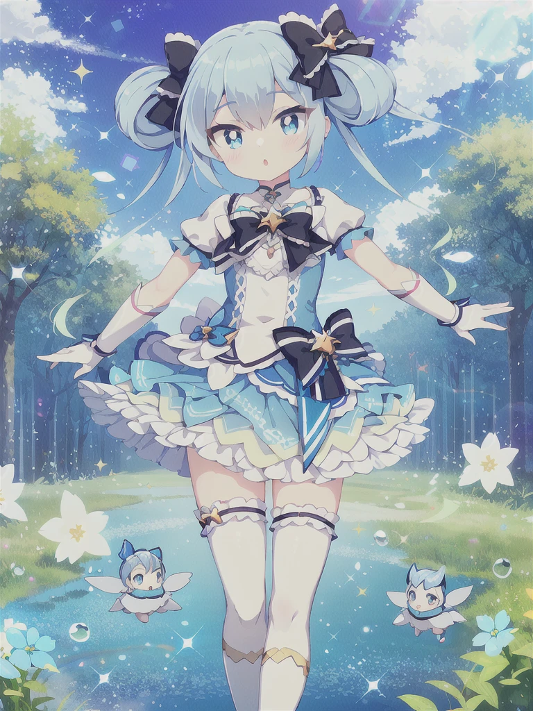 Masterpiece,high quality,high resolution,Detailed Background,Glassy, clear eyes,Lens flare,Blue Hair, Twin tails, Hair between the eyes, 紫のhair bow, eyebrows visible through hair,Magical Girl Clothes,1girl,Floating in the sky,grassland,Are standing,whole body,magic circle