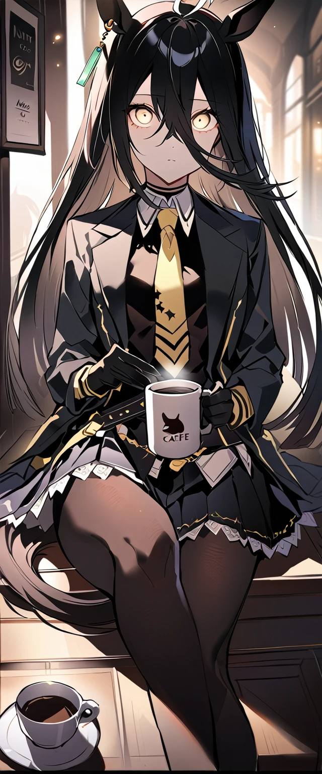 masterpiece, Highest quality, One Girl, alone, Manhattan Cafe, Expressionless, Show Viewer, Drink a coffee mug, Ahoge, Black jacket, shirt, tie, Black gloves, skirt, pantyhose, Single earring, Horse tail,Hair between the eyes, 