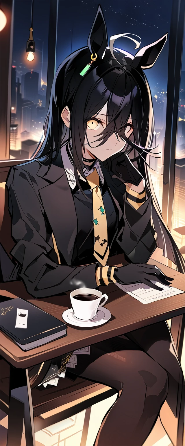 masterpiece, Highest quality, One Girl, alone, Manhattan Cafe, Expressionless, Show Viewer, Drink a coffee mug, Ahoge, Black jacket, shirt, tie, Black gloves, skirt, pantyhose, Single earring, Horse tail,Hair between the eyes, 