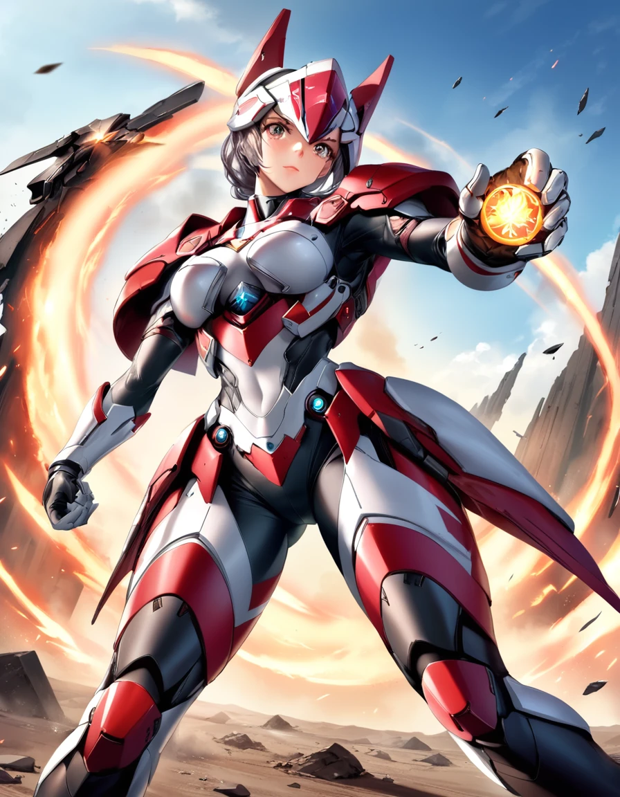 dynamic angle, (action pose), a ultra realistic beautiful moe anime, Princess in a Powered Suit is of a princess donning an advanced powered suit, dashing through a desolate battlefield. Her suit is adorned with vibrant colors and ancient emblems are etched into it. Her eyes burn with determination to overcome adversity, and in her hand, she holds a powerful weapon to defeat her enemies.