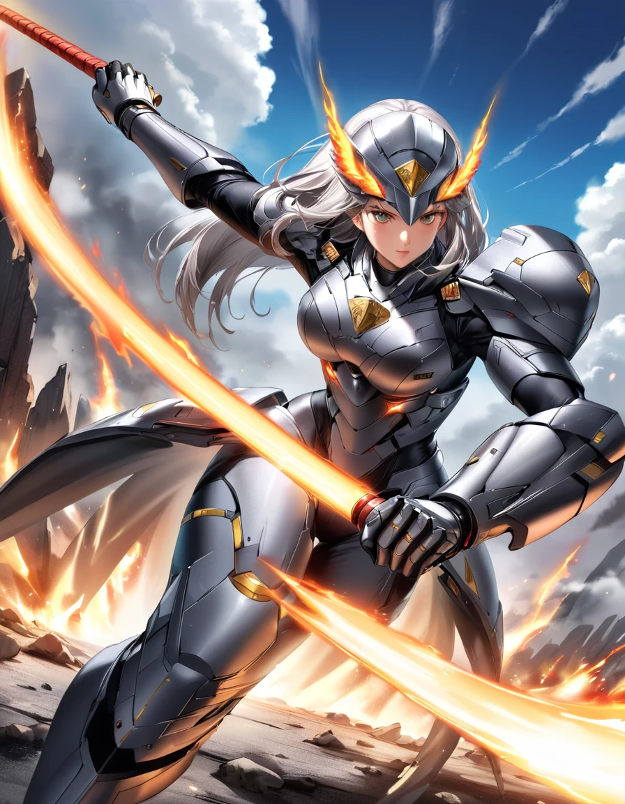 dynamic angle, (action pose), a ultra realistic beautiful moe anime, Princess in a Powered Suit is of a princess donning an advanced powered suit, dashing through a desolate battlefield. Her suit is adorned with vibrant colors and ancient emblems are etched into it. Her eyes burn with determination to overcome adversity, and in her hand, she holds a powerful weapon to defeat her enemies.