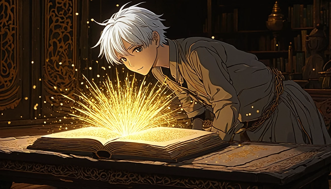 Young  white hair stylist boy ayush(anime style)  A dusty, ancient book resting on a table with intricate carvings on its cover. As Ayush opens the book, a burst of magical light and shimmering particles emerge from its pages, casting an ethereal glow around the room. The pages seem to flip on their own, revealing hidden secrets and symbols glowing with a golden hue. ( Horror anime style) 