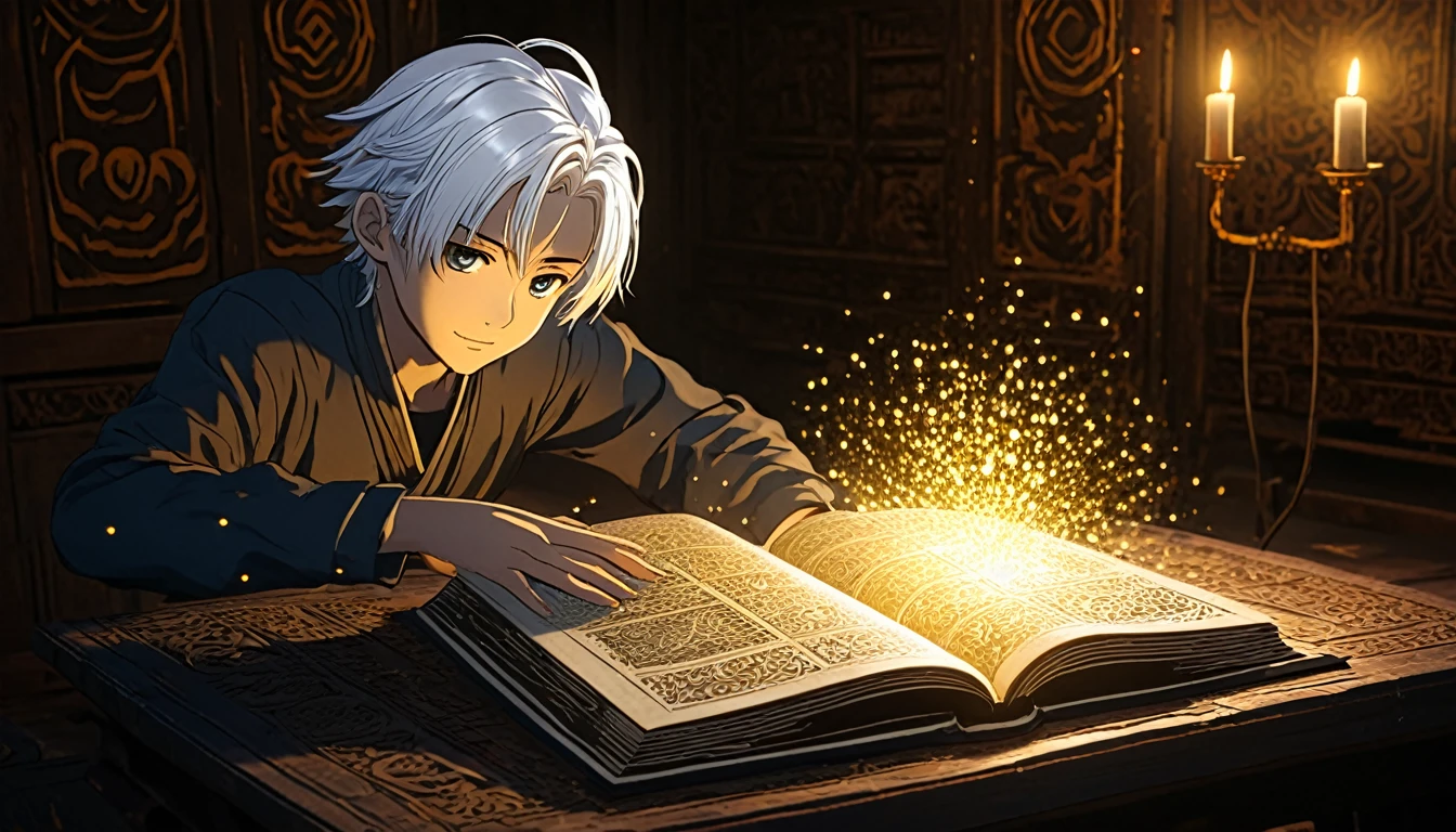 Young  white hair stylist boy ayush(anime style)  A dusty, ancient book resting on a table with intricate carvings on its cover. As Ayush opens the book, a burst of magical light and shimmering particles emerge from its pages, casting an ethereal glow around the room. The pages seem to flip on their own, revealing hidden secrets and symbols glowing with a golden hue. ( Horror anime style) 