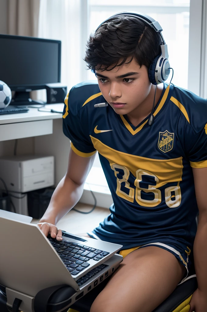Create a pull-style image of a ager playing on the computer with a headset in his ear and the room decorated with football