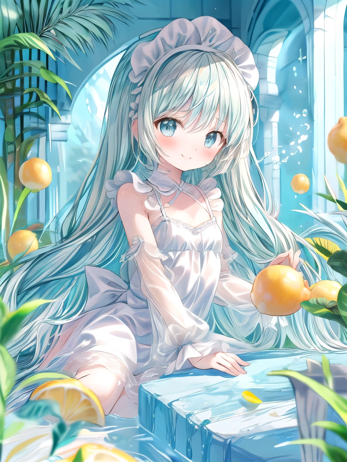 masterpiece, best quality, extremely detailed, (illustration, official art:1.1),adorable **** face、 1 girl ,(((( light blue long hair)))),pale blue hair,****, long hair ((blush)) , cute face, big eyes, masterpiece, best quality,(((((a very delicate and beautiful girl))))),Amazing,beautiful detailed eyes,blunt bangs((((little delicate girl)))),tareme(true beautiful:1.2), sense of depth,dynamic angle,,,, affectionate smile, (true beautiful:1.2),,(tiny 1girl model:1.2),)flat chest、anime girl with long blonde hair holding a bunch of lemons,  in dress, rin, a maid in a magical forest, splash art anime , , anime visual of a cute girl, marin kitagawa fanart, cute anime waifu in a nice dress, beautiful sunflower anime girl, kagamine rin, made with anime painter studio, rei hiroe
