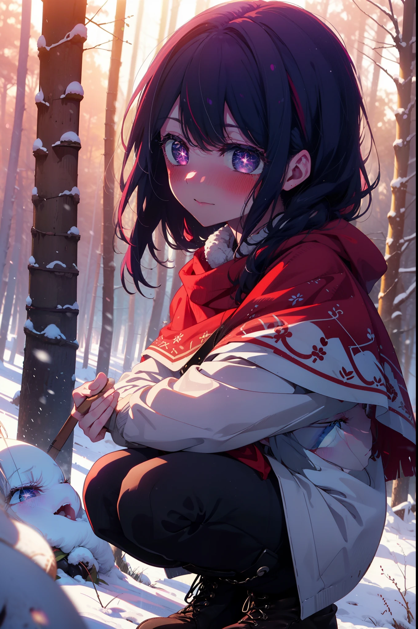 aihoshino, Ai Hoshino, Long Hair, bangs, (Purple eyes:1.1), Purple Hair, (Symbol-shaped pupil:1.5), smile,,smile,blush,White Breath,
Open your mouth,snow,Ground bonfire, Outdoor, boots, snowing, From the side, wood, suitcase, Cape, Blurred, , forest, White handbag, nature,  Squat, Mouth closed, Cape, winter, Written boundary depth, Black shoes, red Cape break looking at viewer, Upper Body, whole body, break Outdoor, forest, nature, break (masterpiece:1.2), Highest quality, High resolution, unity 8k wallpaper, (shape:0.8), (Beautiful and beautiful eyes:1.6), Highly detailed face, Perfect lighting, Highly detailed CG, (Perfect hands, Perfect Anatomy),