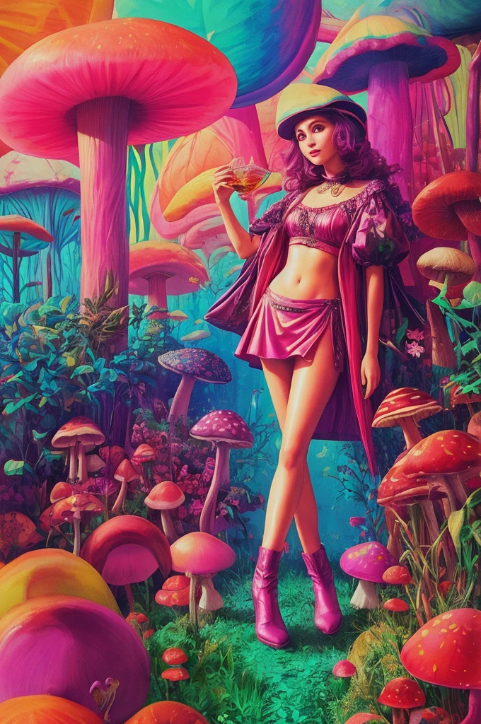a beautiful nude 20 year old black woman with big messy hair, reaching for a glowing mushroom, sitting on a giant glowing mushroom, fantasy art style, cartoon vibrant, cute detailed digital art, colorful digital fantasy art, digital fantasy art ), glossy digital painting, pastel vibrant