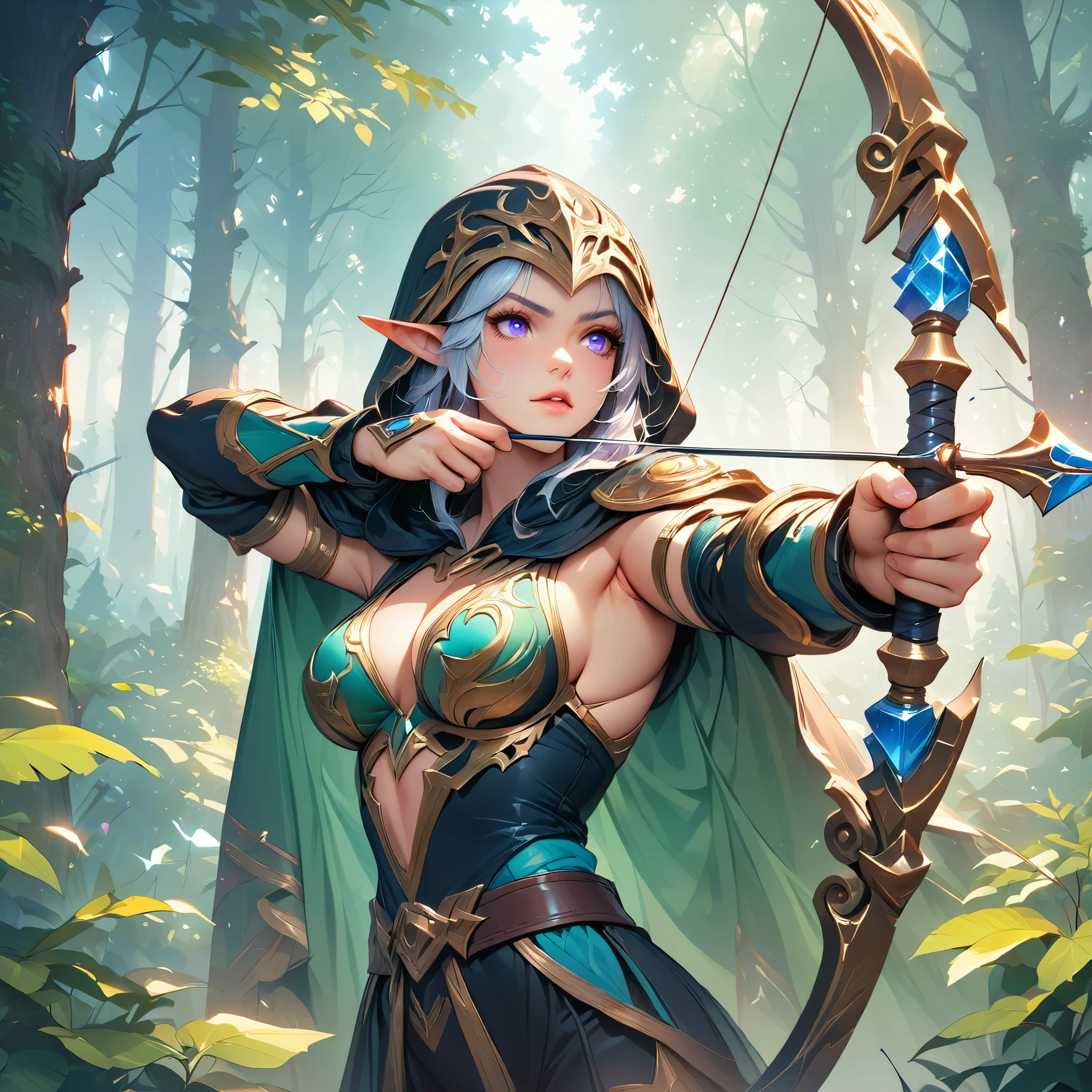 (Ashe: Archer,Characters appearing in League of Legends,female elf hunter),nordic forest background,black hooded cloak,Eyes aiming at prey,(bow \(weapon\), arrow \(projectile\), holding bow \(weapon\), aiming, holding arrow, drawing bow,),BREAK,(bow: structurally correct),BREAK,(masterpiece:1.3),(highest quality:1.4),(ultra detailed:1.5),High resolution,extremely detailed,unity 8k wallpaper,anatomically correct,perfect anatomy,rich colors,Calm color scheme,Carefully depicting a beautiful Nordic forest,walk among the trees