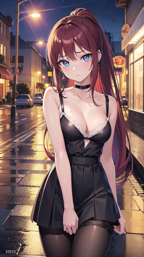 masterpiece, best quality, cowboy shot, night time, 1girl, red hair, long hair, <lora:I-type Valley:0.85>, I-type Valley, medium breasts, standing, arms behind back, leaning forward, black split dress, barefoot,
<lora:mesugao:0.85>, mesugao, smile, looking at viewer,
sidewalk, modern city,
