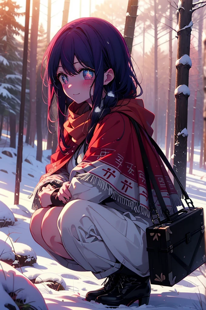 aihoshino, Ai Hoshino, Long Hair, bangs, (Purple eyes:1.1), Purple Hair, (Symbol-shaped pupil:1.5), smile,,smile,blush,White Breath,
Open your mouth,snow,Ground bonfire, Outdoor, boots, snowing, From the side, wood, suitcase, Cape, Blurred, , forest, White handbag, nature,  Squat, Mouth closed, Cape, winter, Written boundary depth, Black shoes, red Cape break looking at viewer, Upper Body, whole body, break Outdoor, forest, nature, break (masterpiece:1.2), Highest quality, High resolution, unity 8k wallpaper, (shape:0.8), (Beautiful and beautiful eyes:1.6), Highly detailed face, Perfect lighting, Highly detailed CG, (Perfect hands, Perfect Anatomy),