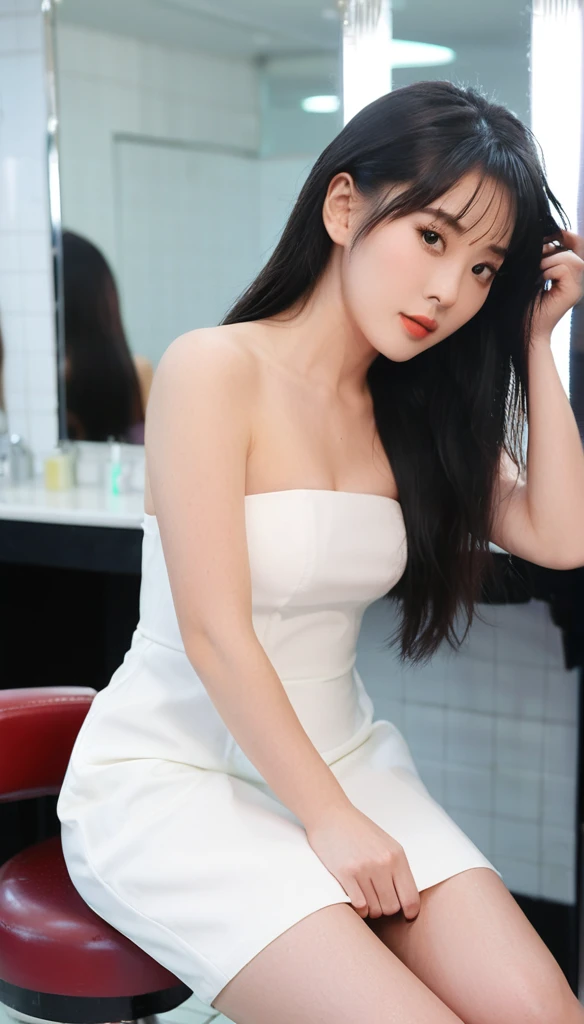 close-up of beautiful Chinese, Vera Lu is a Chinese actress and model, age 25 years old girl, youthful face, white skin body, perfect body, long cut, black hair, straight hair, flat bangs cut, bust size 36 inches, wearing a tight plain standard white strapless bodycon mini dress, Lu holding breasts with her own two hands is very sexy and sigh, Lu squeezes the breasts very seductively, Lu lowered her dress a little bit, Lu sits on the male-only barbershop, Lu pees in the male-only barbershop with a sigh and seductive, Lu pees, Lu peed herself until she was wet, ((peeing self)), ((wet pee)), my hair was held by a male barber, then male barber held a pair of scissors in his right hand, then had my hair forcibly cut by a male barber using scissors to make me sigh, strand after strand of Lu’s hair fell down, pieces of Lu’s hair now filled the floor around where she was sitting, ((Lu’s hair was cut using a pair of scissors by her male barber)), (the remaining hair pieces were scattered on the barbershop floor)), ((strands of Lu's hair fell down)), ((the remaining hair pieces fell under the floor), sexy looking pose, pose a naughty look, pose looks seductive, at a male-only barbershop, male-only barbershop background, UHD