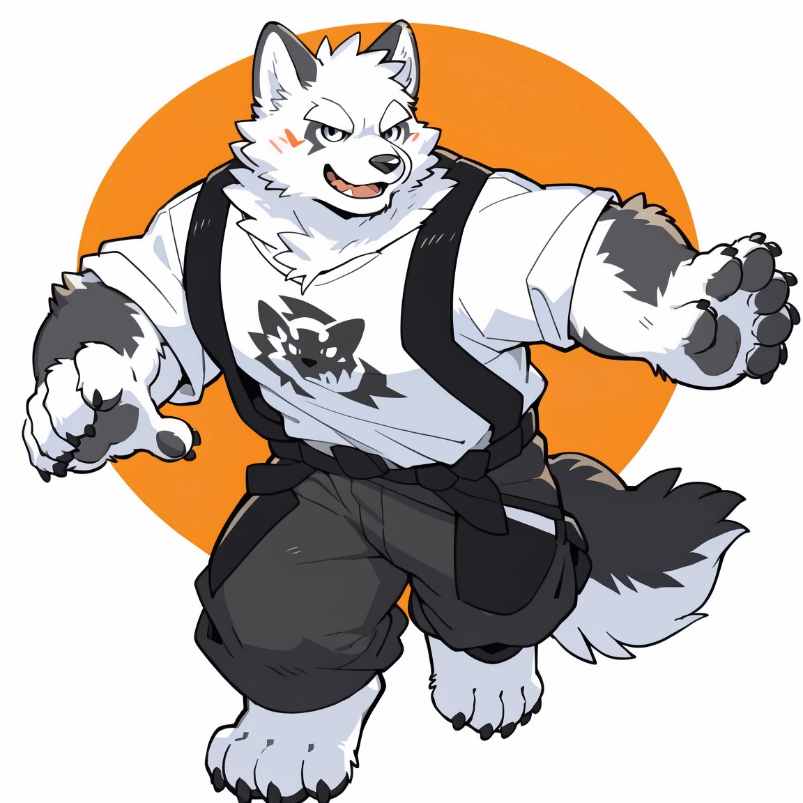 Scribble wolf face, ((cute)), anthro(wolf), (Pure white fur:1.5), white beard, (broad white shirt), generous smile, (dynamic pose:1.6), simple background, printmaking style, by takemoto arashi, by kamyuel, by milkytiger1145, by 96panda, Colorful logo, Minimalist head vector art logo illustration, front, magical, Sharp design, Soft, Monochrome color, Dark magical colorful splash paint, (vector art:1.3), Adobe Illustrator, simple captivating logo, sophistication and tranquility, sleek and stylish, ((Simemeter)), ((Thin and tall figure))