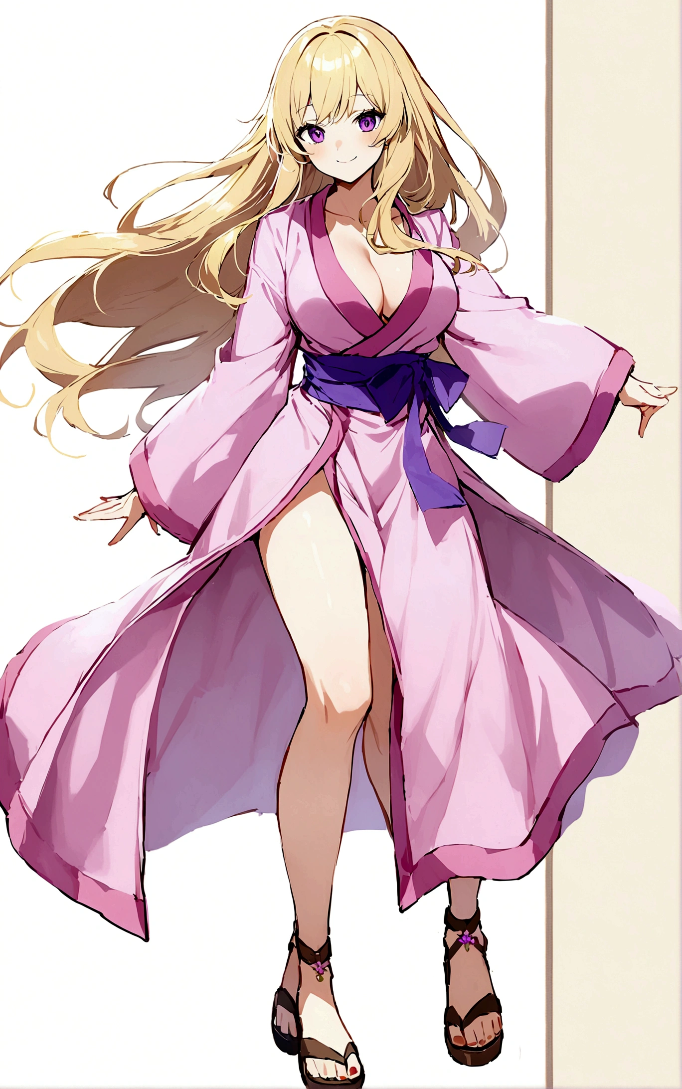 1girl,独奏,Long hair,Chest,Smile,blond,大Chest,Simple background,White background,Cleavage,Purple Eyes,whole body,Bathrobe,sandals,粉色Bathrobe