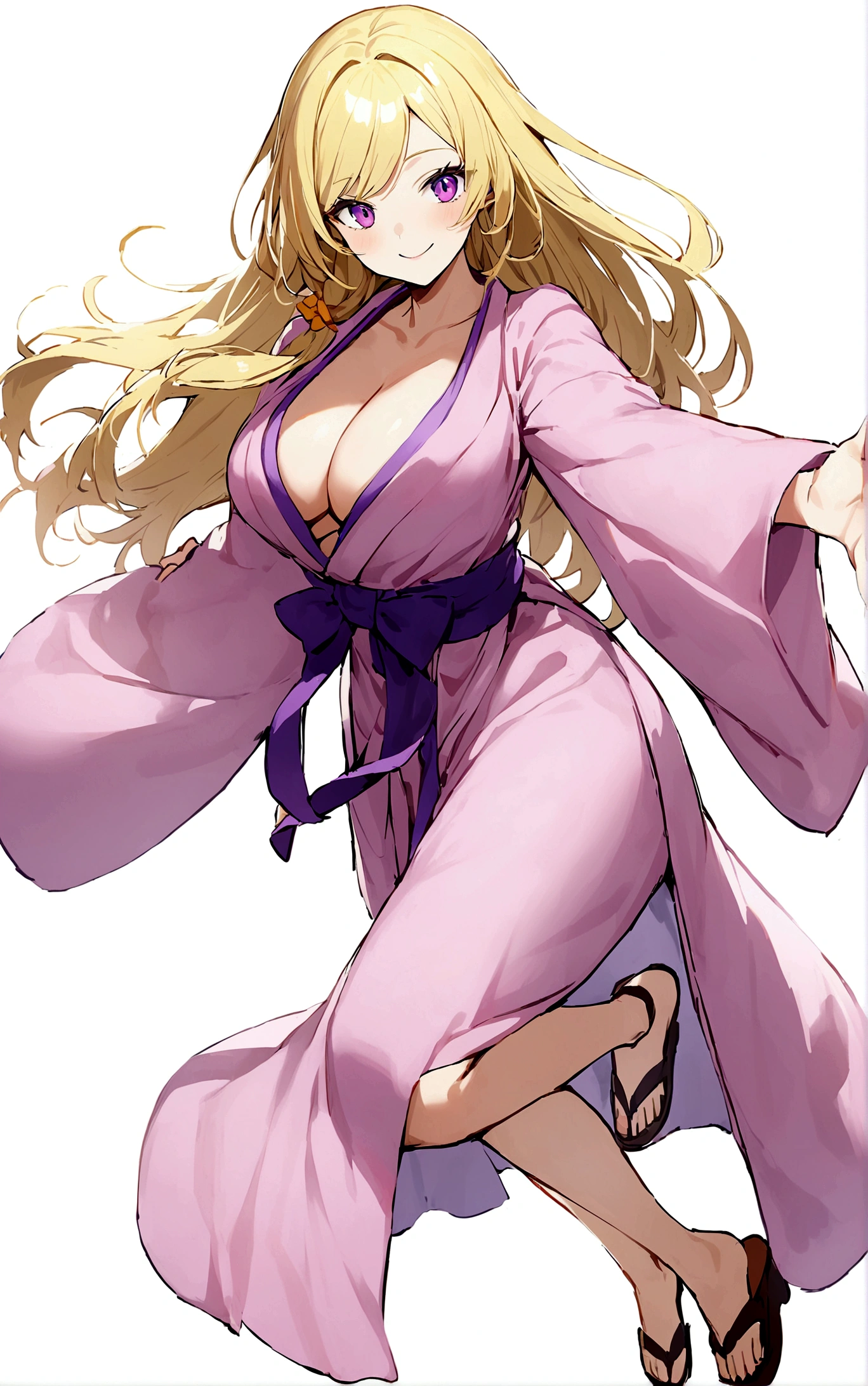 1girl,独奏,Long hair,Chest,Smile,blond,大Chest,Simple background,White background,Cleavage,Purple Eyes,whole body,Bathrobe,sandals,粉色Bathrobe