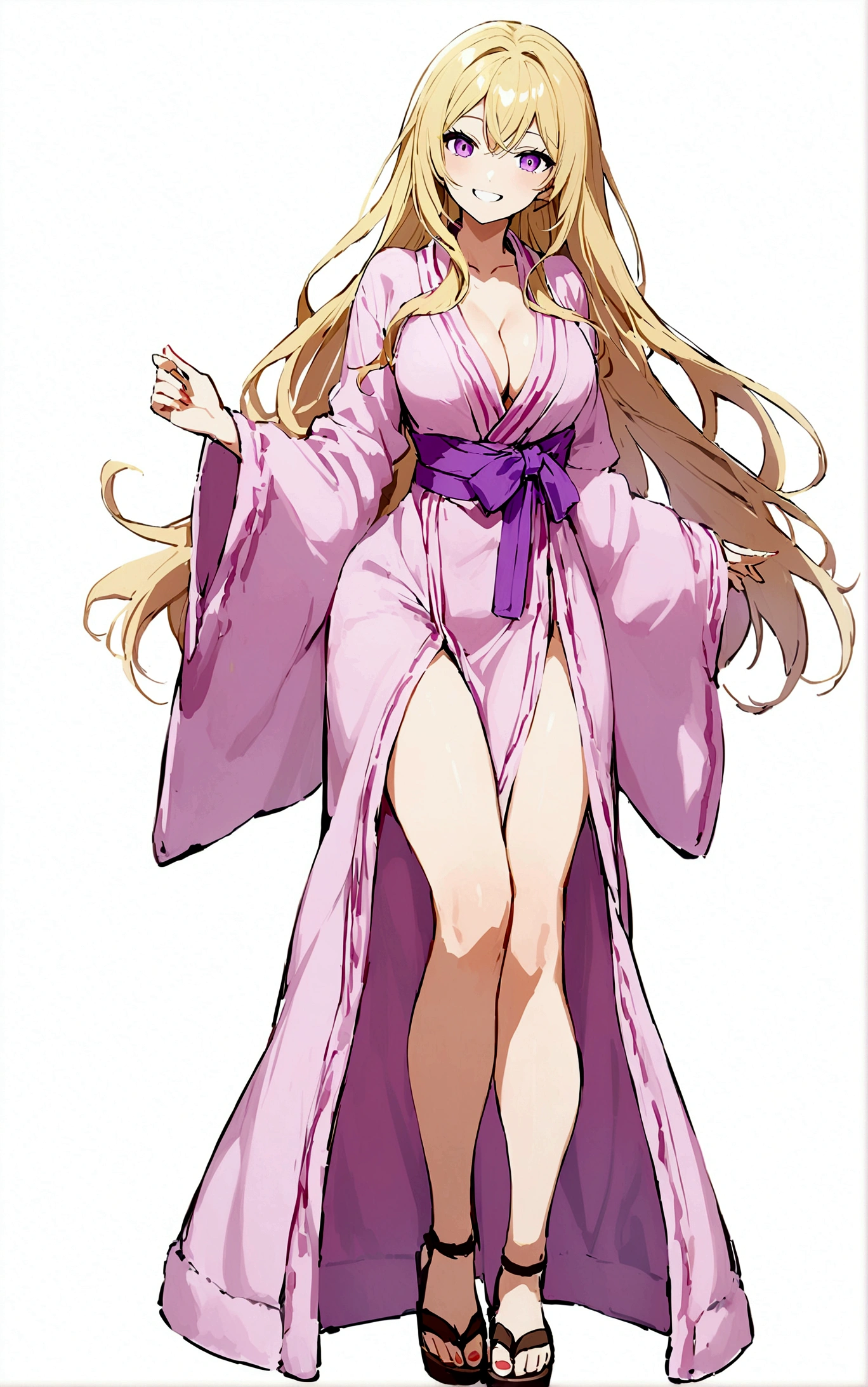 1girl，独奏，Long hair，Chest，Smile，blond，大Chest，Simple background，White background，Cleavage，Purple Eyes，whole body，Bathrobe，sandals，粉色Bathrobe