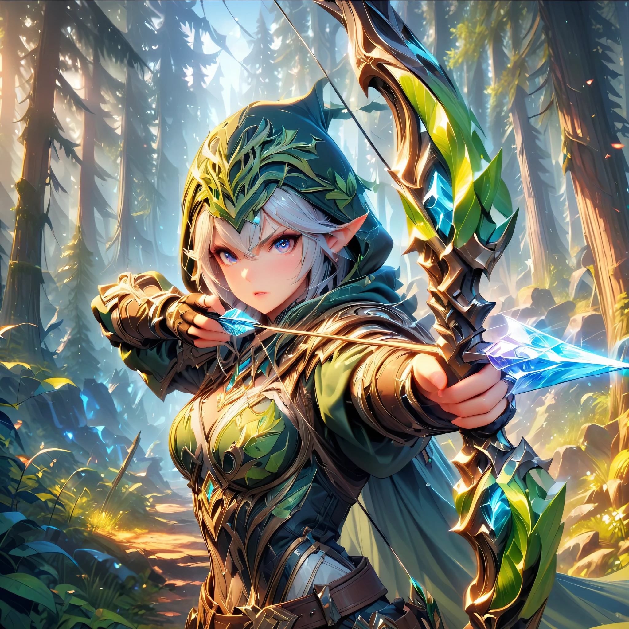 (Ashe: Archer,Characters appearing in League of Legends,female elf hunter),nordic forest background,black hooded cloak,Eyes aiming at prey,(bow \(weapon\), arrow \(projectile\), holding bow \(weapon\), aiming, holding arrow, drawing bow,),BREAK,(bow: structurally correct),BREAK,(masterpiece:1.3),(highest quality:1.4),(ultra detailed:1.5),High resolution,extremely detailed,unity 8k wallpaper,anatomically correct,perfect anatomy,rich colors,Calm color scheme,Carefully depicting a beautiful Nordic forest,walk among the trees