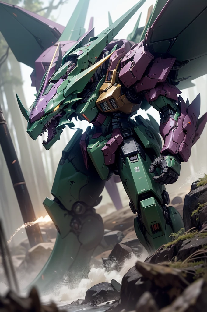 A high-quality, cinematic still of the Nidhogg Gundam in a subterranean battle, featuring a dark purple and forest green body with a V-fin resembling dragon horns. The Gundam can transform into a dragon form, specialized for underground combat. Nidhogg Gundam uses World Eater, spraying a corrosive liquid that melts armor and earth alike. The scene is lit by the dim, eerie glow of the underground environment, highlighting the Gundam's draconic features. Taken with a Canon EOS 5D, 32k UHD, the whole body
