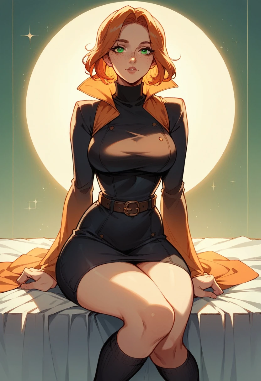 milf, work of art, best qualityer, ultra detali, beautiful lighting, 1 girl, hair orange, greeneyes, freckles, high collar, gazing at viewer, black socks detailed with a belt