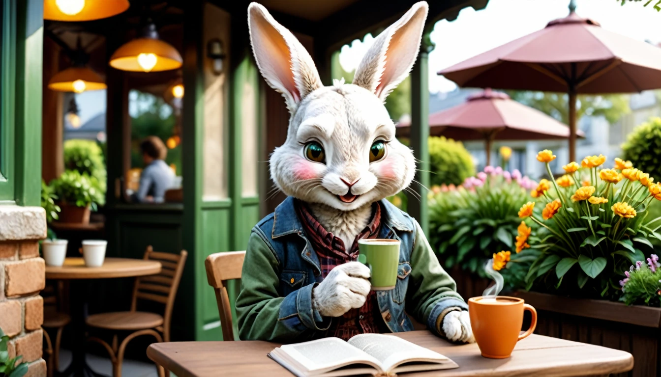 (photo film style), anthropomorphic, cute little rabbit, drinking hot coffee, cafe terrace, green garden, smiling, reading a book, wearing casual clothes, 2D, colorful, warm atmosphere, shiny, Jean-Baptiste Monge style, Alan Lee style